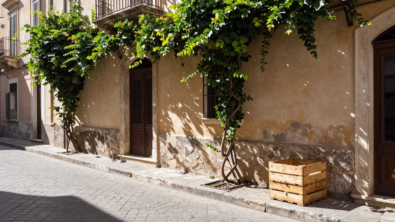 Bright Midmorning Street Scene in Palermo Italy with Ivy Vines and Twine Fibers in in Palermo, Italy