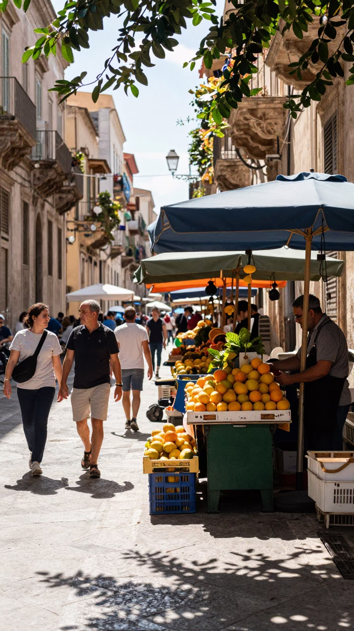 Bright midmorning street scene in Palermo Italy with leaf shadows on wall in in Palermo, Italy