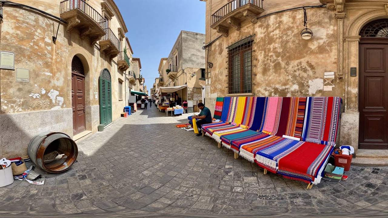 Bright Midmorning Street Scene in Palermo Italy with Local Market Activity and Textiles in in Palermo, Italy