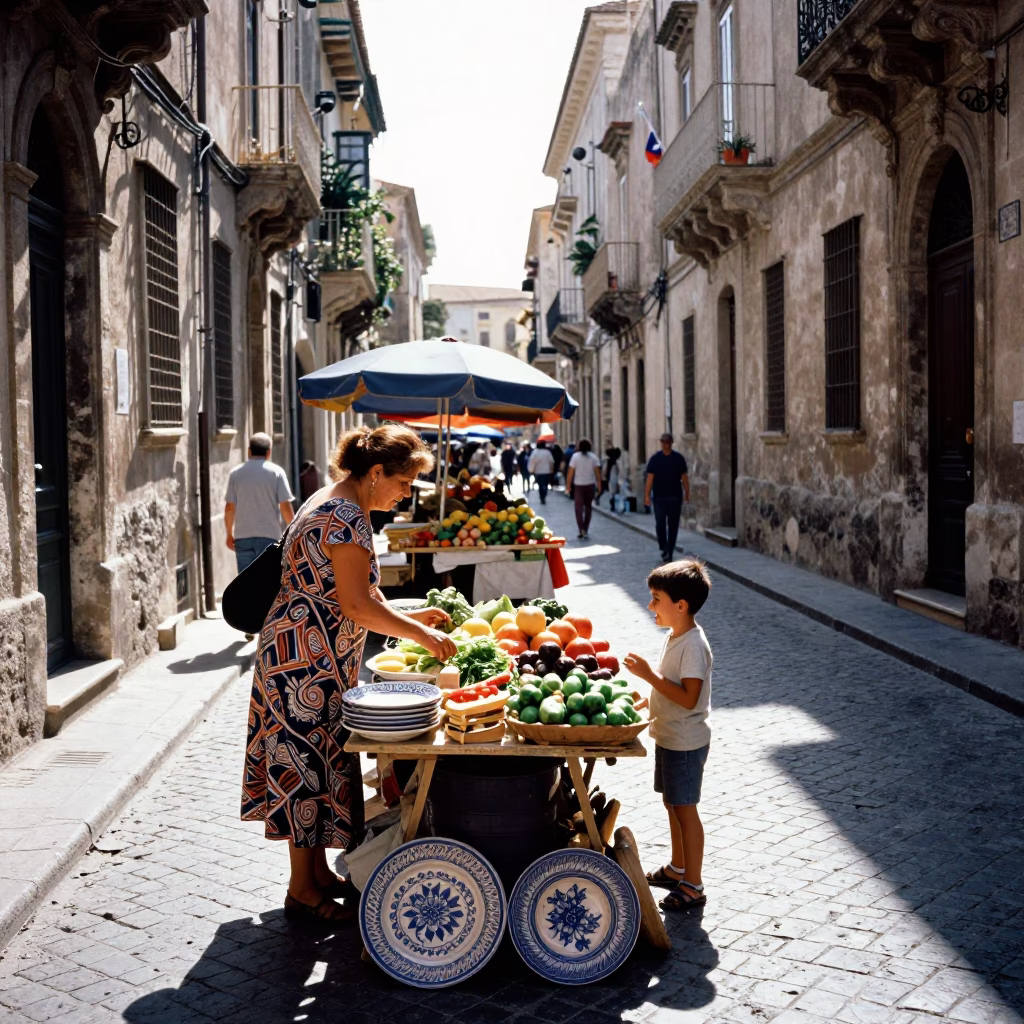 Bright Midmorning Street Scene in Palermo Italy with Local Market Details in in Palermo, Italy