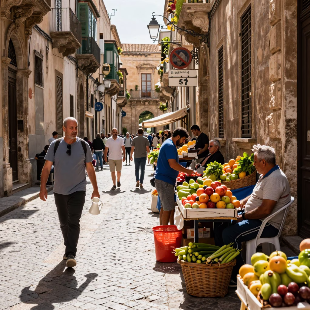 Bright Midmorning Street Scene in Palermo Italy with Peeler and Pitcher in in Palermo, Italy