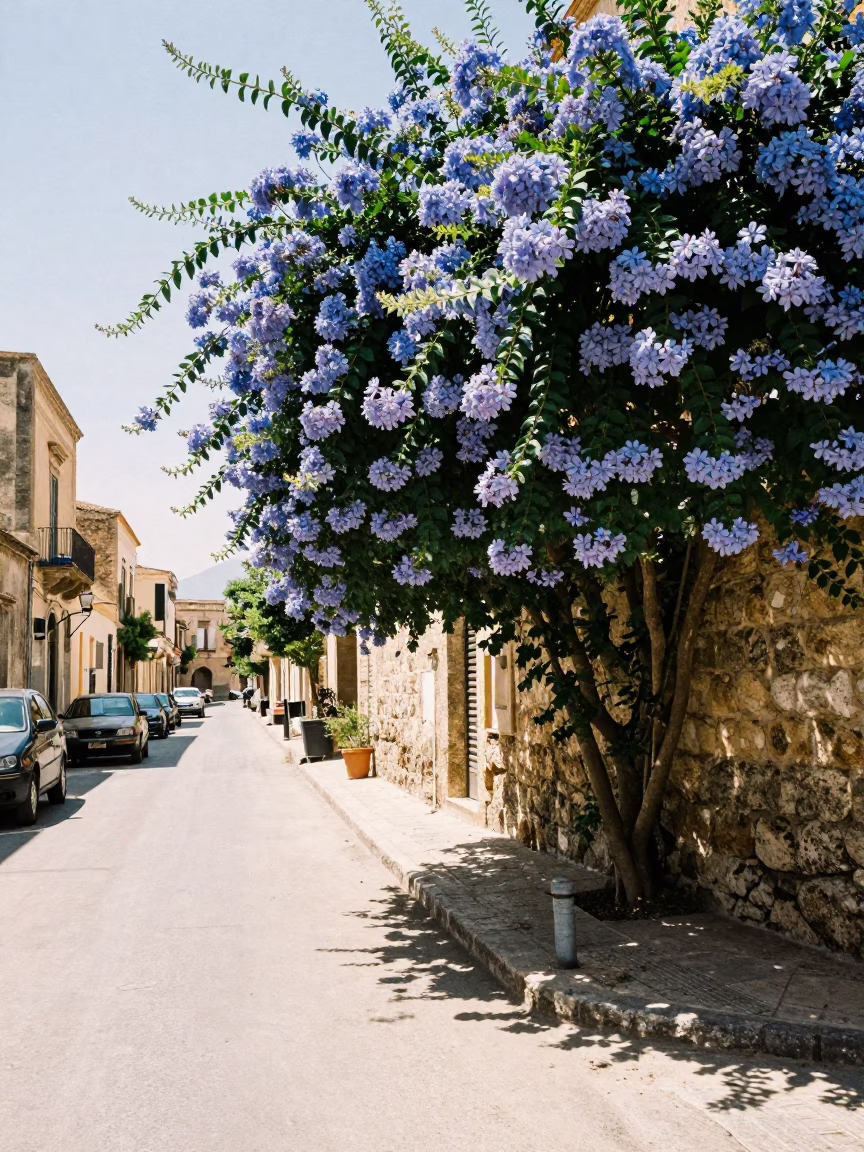 Bright Midmorning Street Scene in Palermo Italy with Plumbago Hedge and Vintage Details in in Palermo, Italy