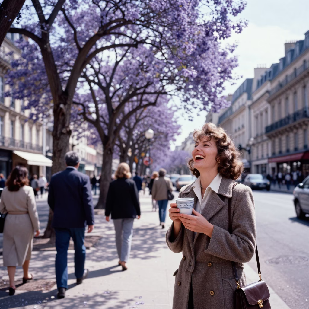 Bright Midmorning Street Scene in Paris with Purple Jacaranda and Local Life in in Paris, France