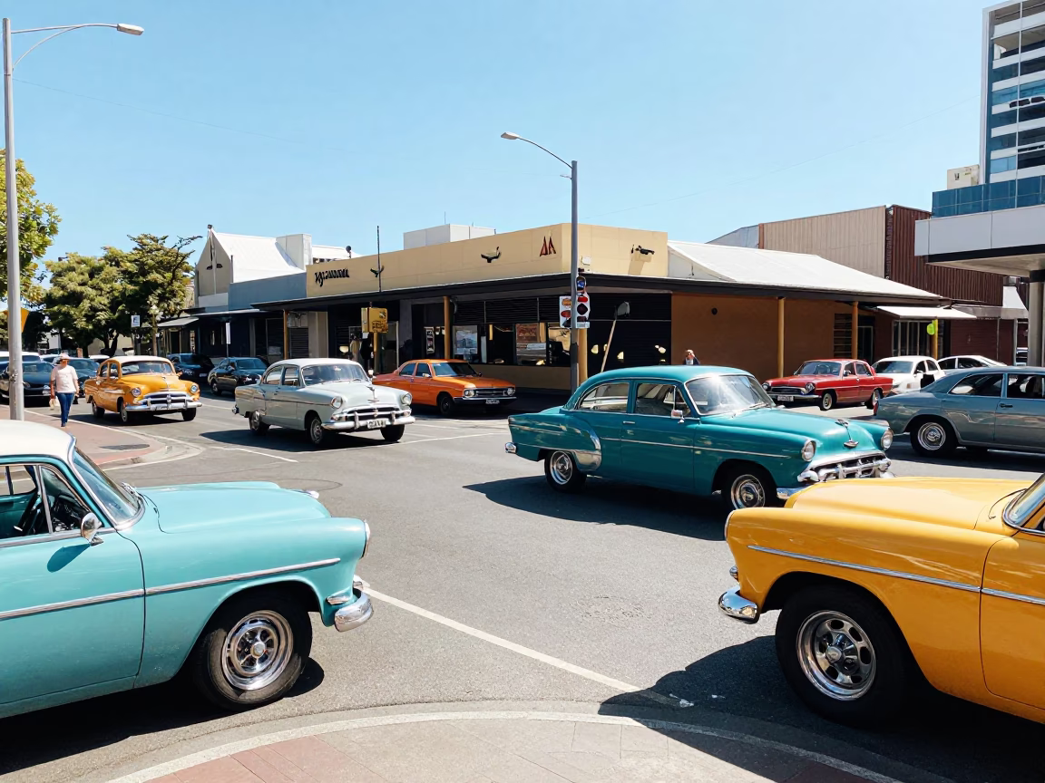 Bright Midmorning Street Scene in Perth Western Australia with Vintage Cars and Pedestrians in in Perth, Western Australia, Australia