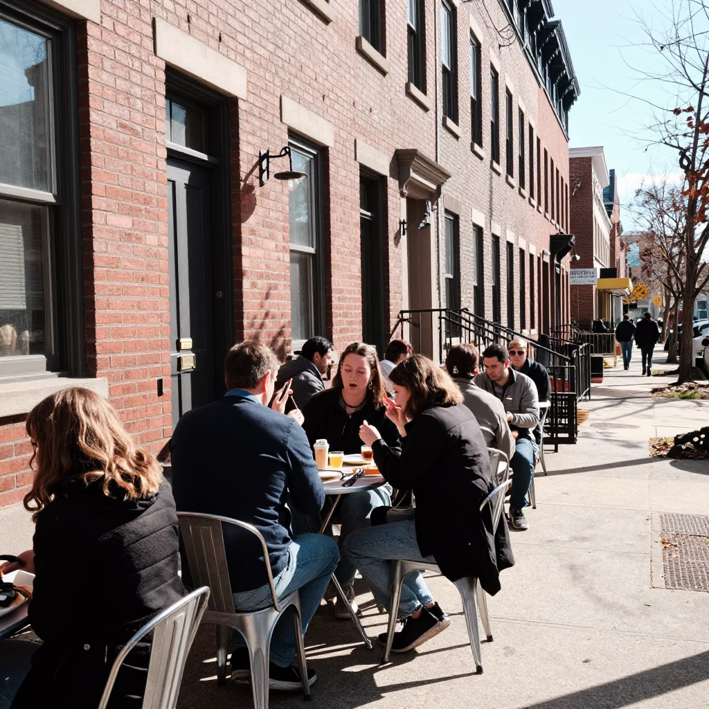 Bright Midmorning Street Scene in Philadelphia Pennsylvania with Local Dining Details in in Philadelphia, Pennsylvania, United States