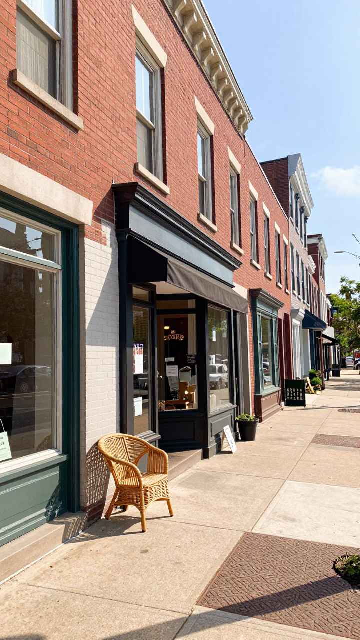 Bright Midmorning Street Scene in Philadelphia Pennsylvania with Local Shop Details in in Philadelphia, Pennsylvania, United States