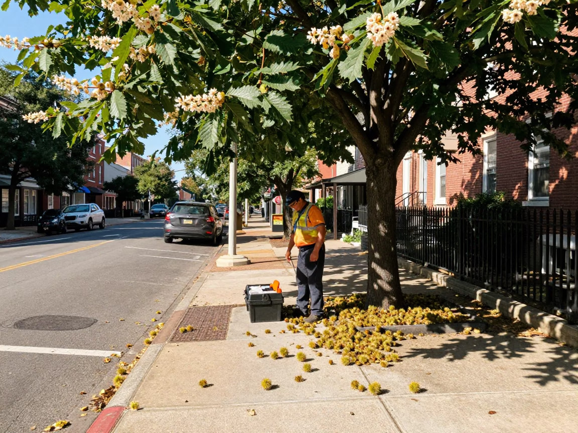 Bright Midmorning Street Scene in Philadelphia Pennsylvania with Toolbox and Chestnut Tree in in Philadelphia, Pennsylvania, United States