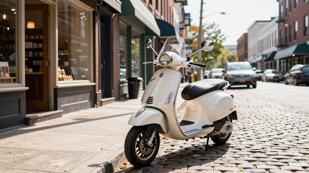 Bright Midmorning Street Scene in Philadelphia Pennsylvania with Vintage Vespa and Local Bakery Interaction in in Philadelphia, Pennsylvania, United States