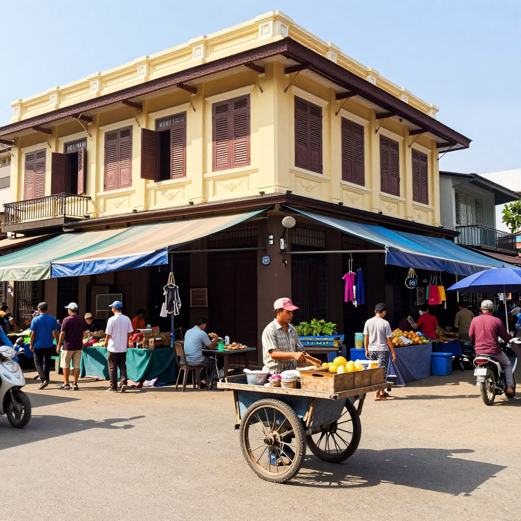 Bright Midmorning Street Scene in Phnom Penh Cambodia with Local Market Activity in in Phnom Penh, Cambodia