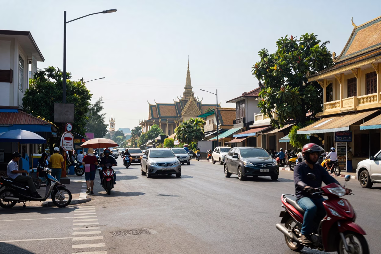Bright Midmorning Street Scene in Phnom Penh Cambodia with Local Traffic and Architecture in in Phnom Penh, Cambodia