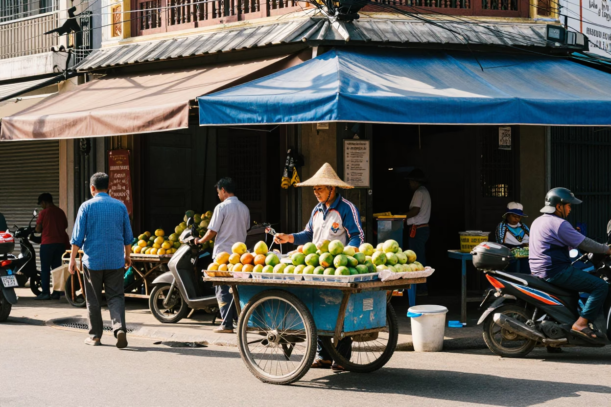 Bright Midmorning Street Scene in Phnom Penh Cambodia with Local Vendor and Pedestrians in in Phnom Penh, Cambodia