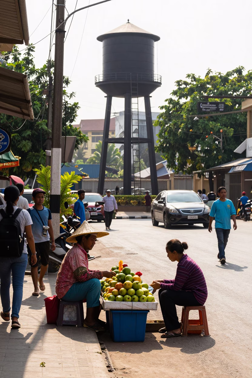 Bright Midmorning Street Scene in Phnom Penh Cambodia with Local Vendor and Water Tower in in Phnom Penh, Cambodia