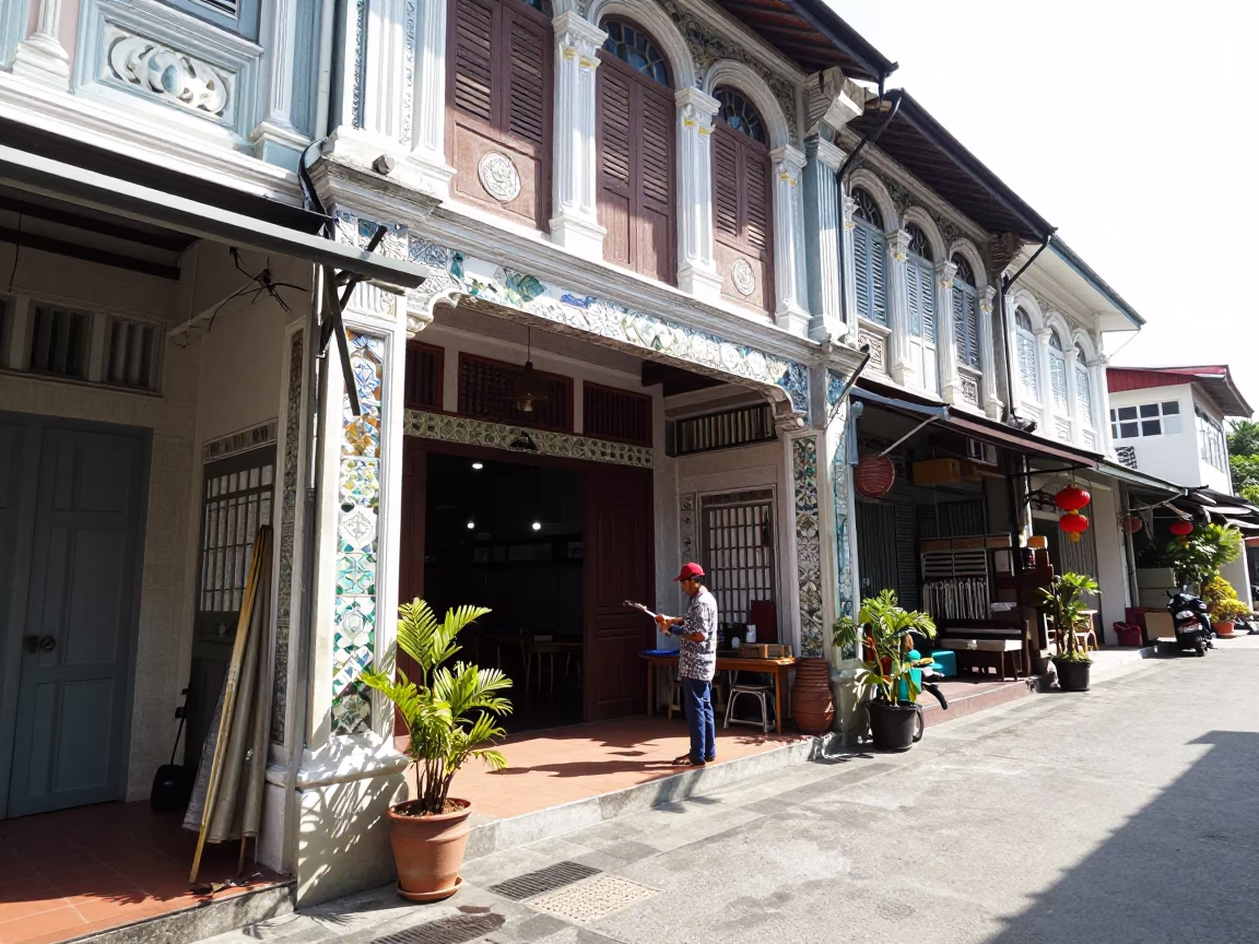 Bright Midmorning Street Scene in Phuket Thailand with Ceramic Tiles and Hand Tool in in Phuket, Thailand