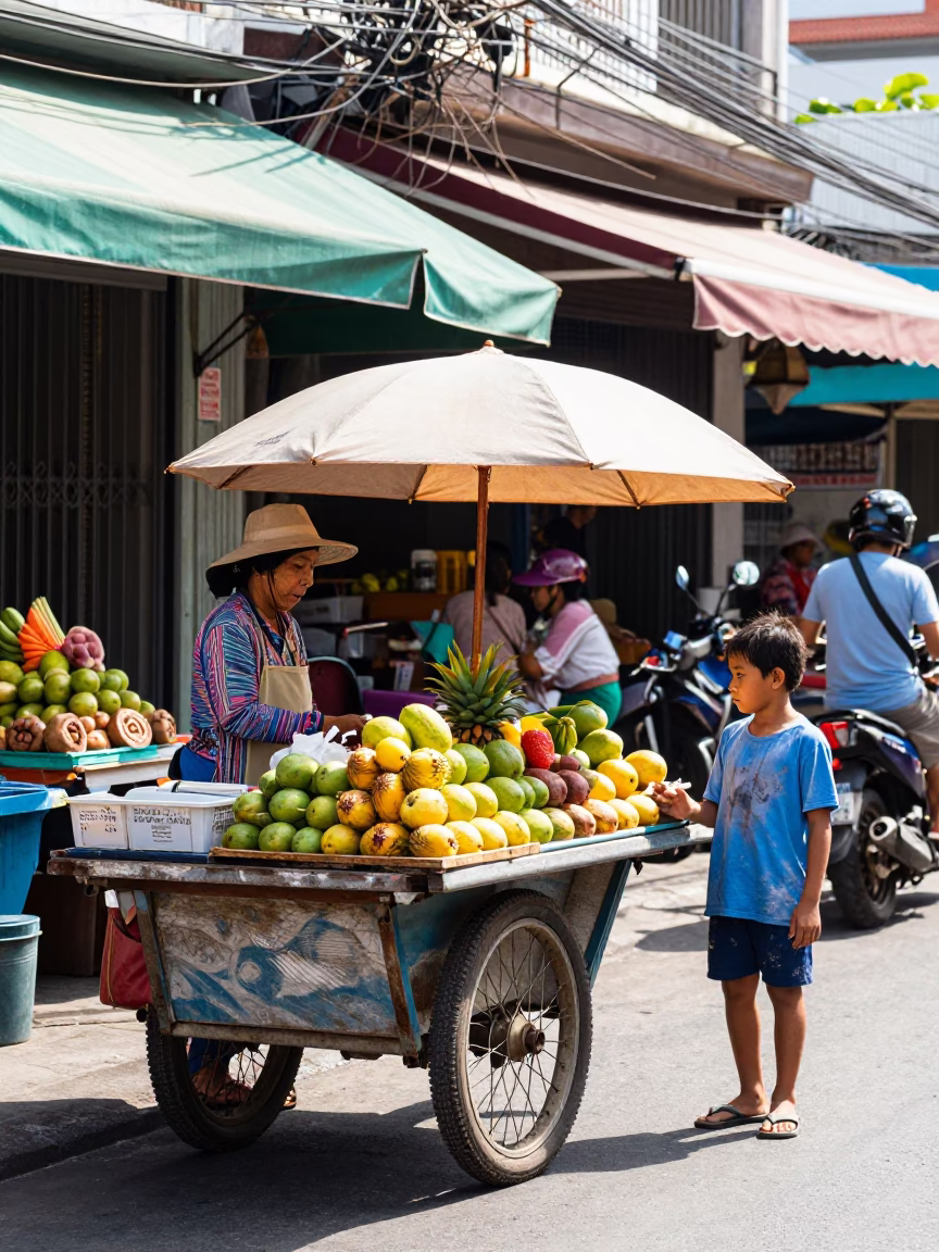 Bright Midmorning Street Scene in Phuket Thailand with Colorful Local Life in in Phuket, Thailand