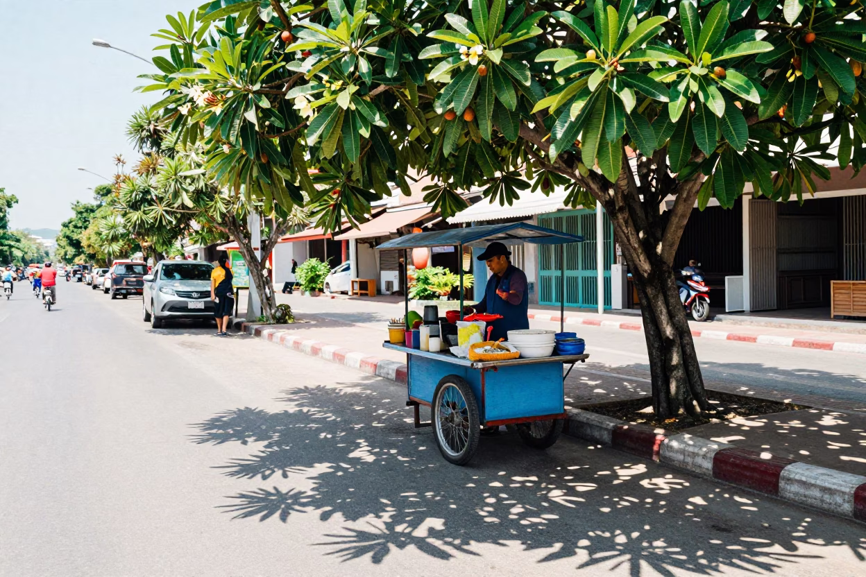 Bright Midmorning Street Scene in Phuket Thailand with Frangipani and Date Palm in in Phuket, Thailand