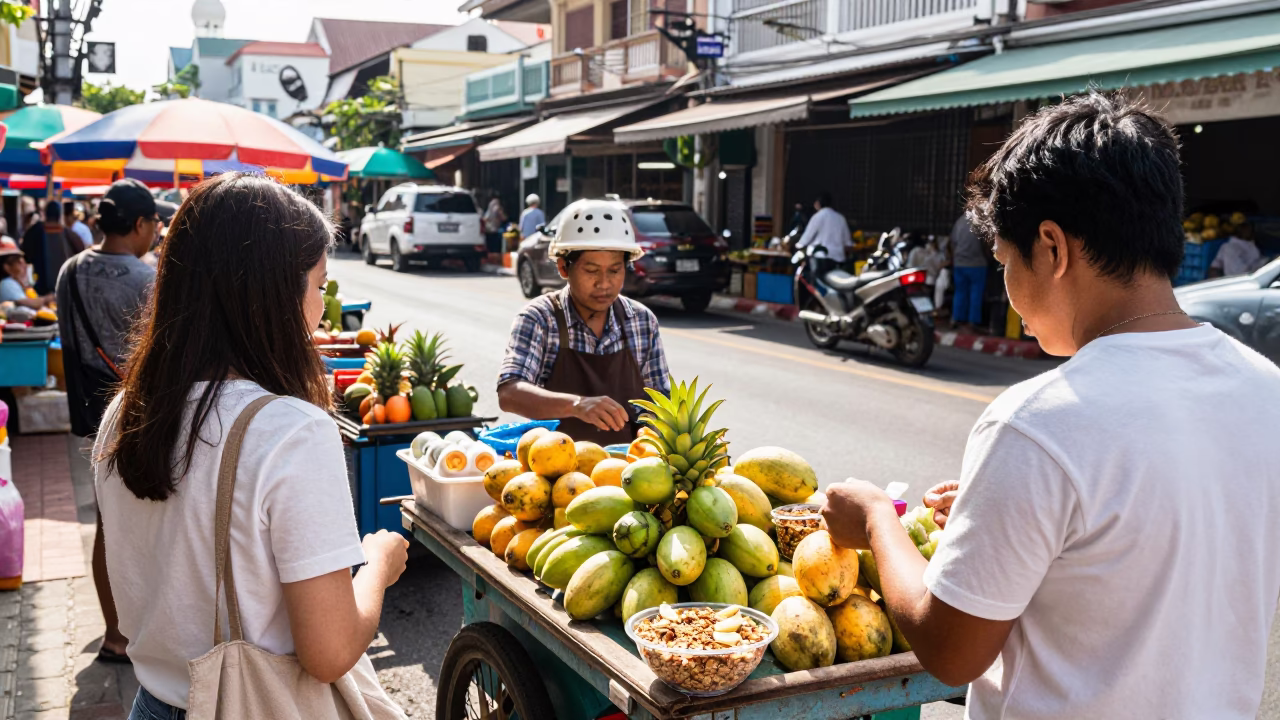 Bright Midmorning Street Scene in Phuket Thailand with Local Market Activity in in Phuket, Thailand