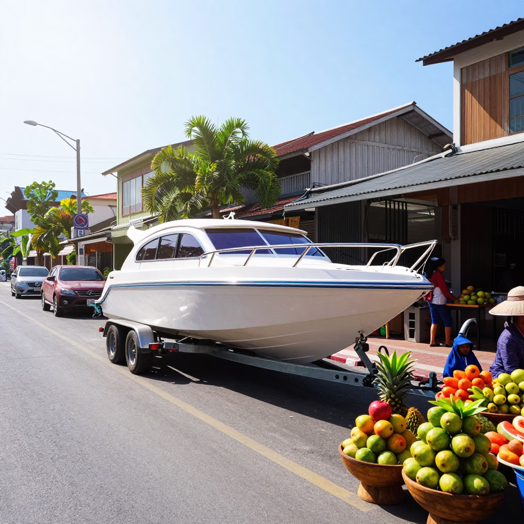 Bright Midmorning Street Scene in Phuket Thailand with Speedboat and Local Life in in Phuket, Thailand