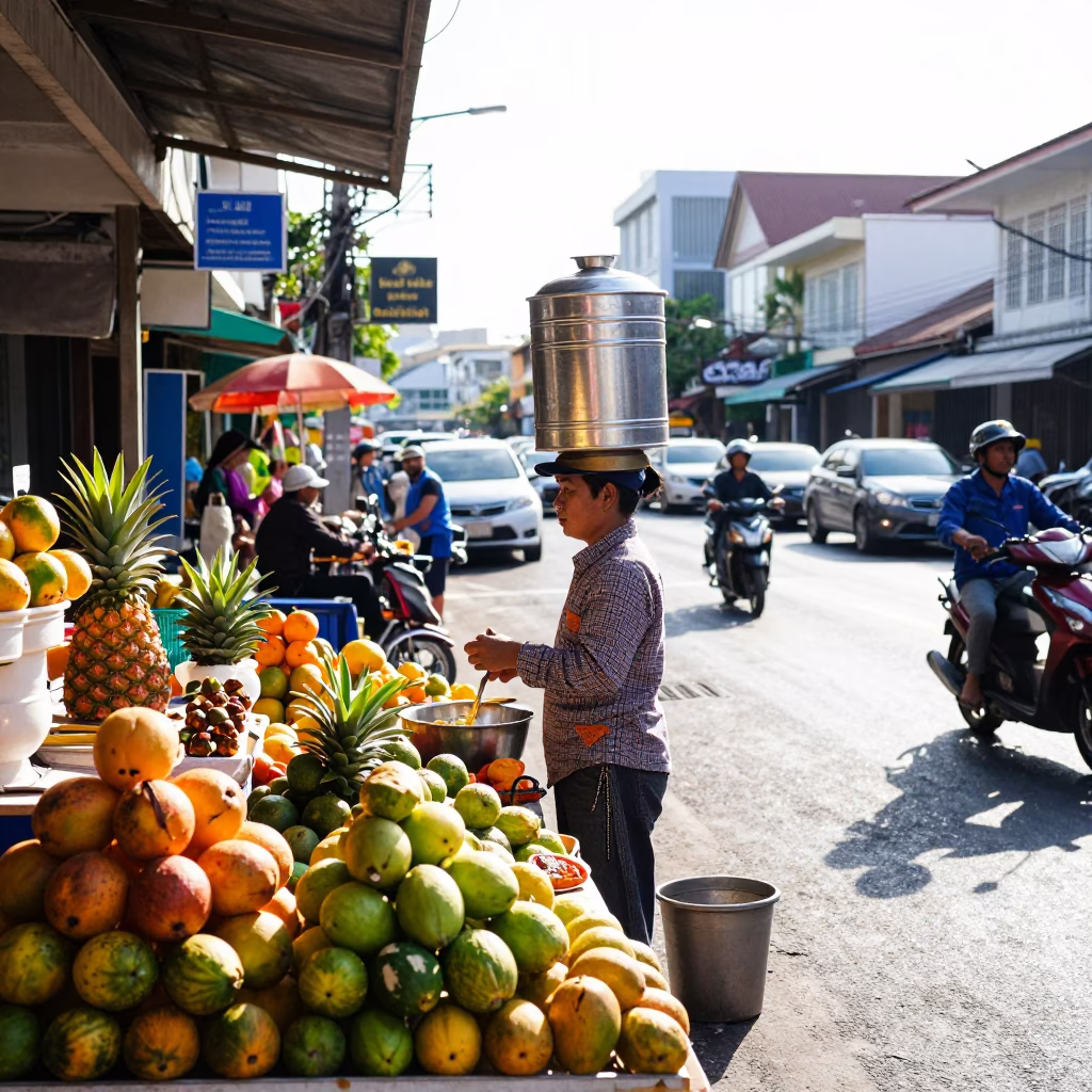 Bright Midmorning Street Scene in Phuket Thailand with Tiffin Tin and Local Market Activity in in Phuket, Thailand