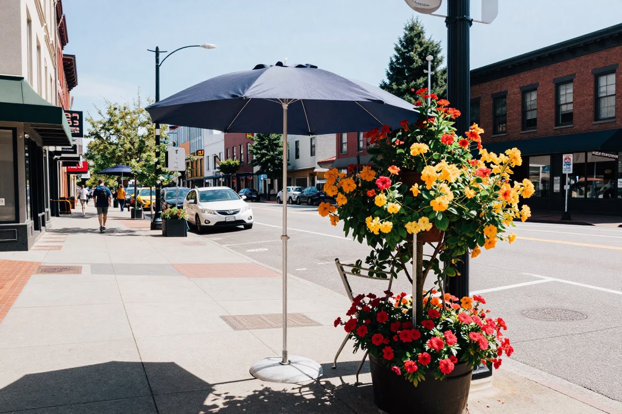 Bright Midmorning Street Scene in Portland Oregon Featuring Umbrella Stand and Flowering Plants in in Portland, Oregon, United States