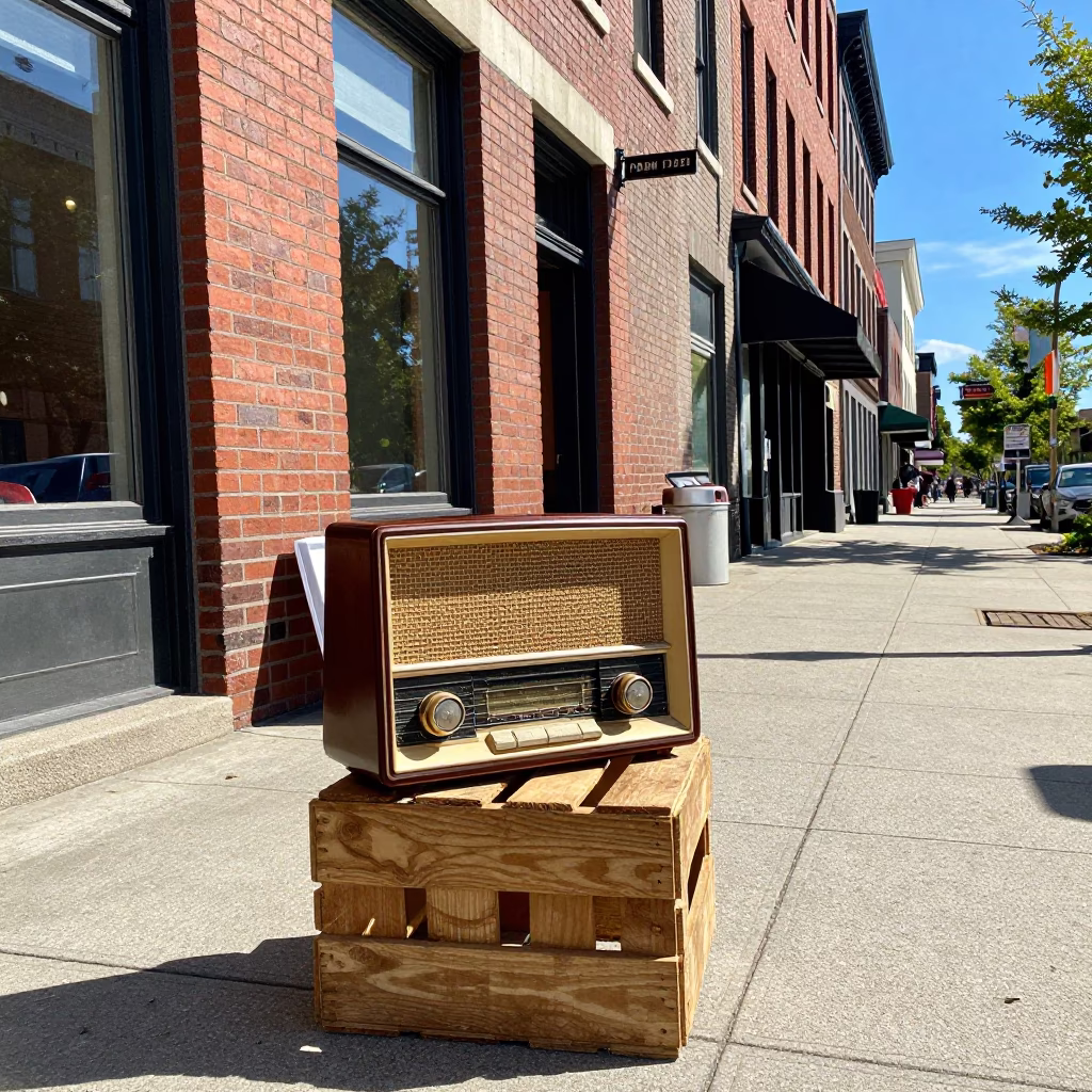 Bright Midmorning Street Scene in Portland Oregon Featuring Vintage Radio and Basket in in Portland, Oregon, United States
