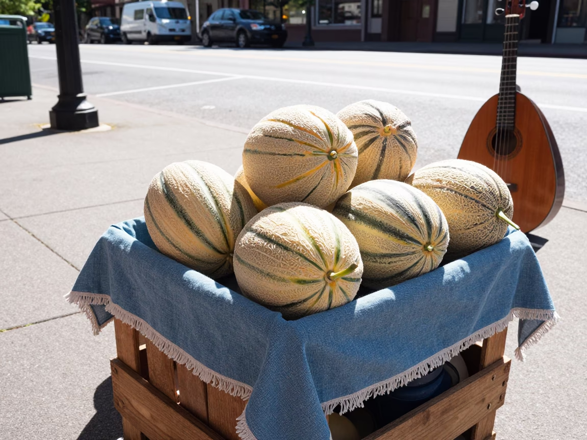 Bright Midmorning Street Scene in Portland Oregon with Melons and Mandolin Case in in Portland, Oregon, United States