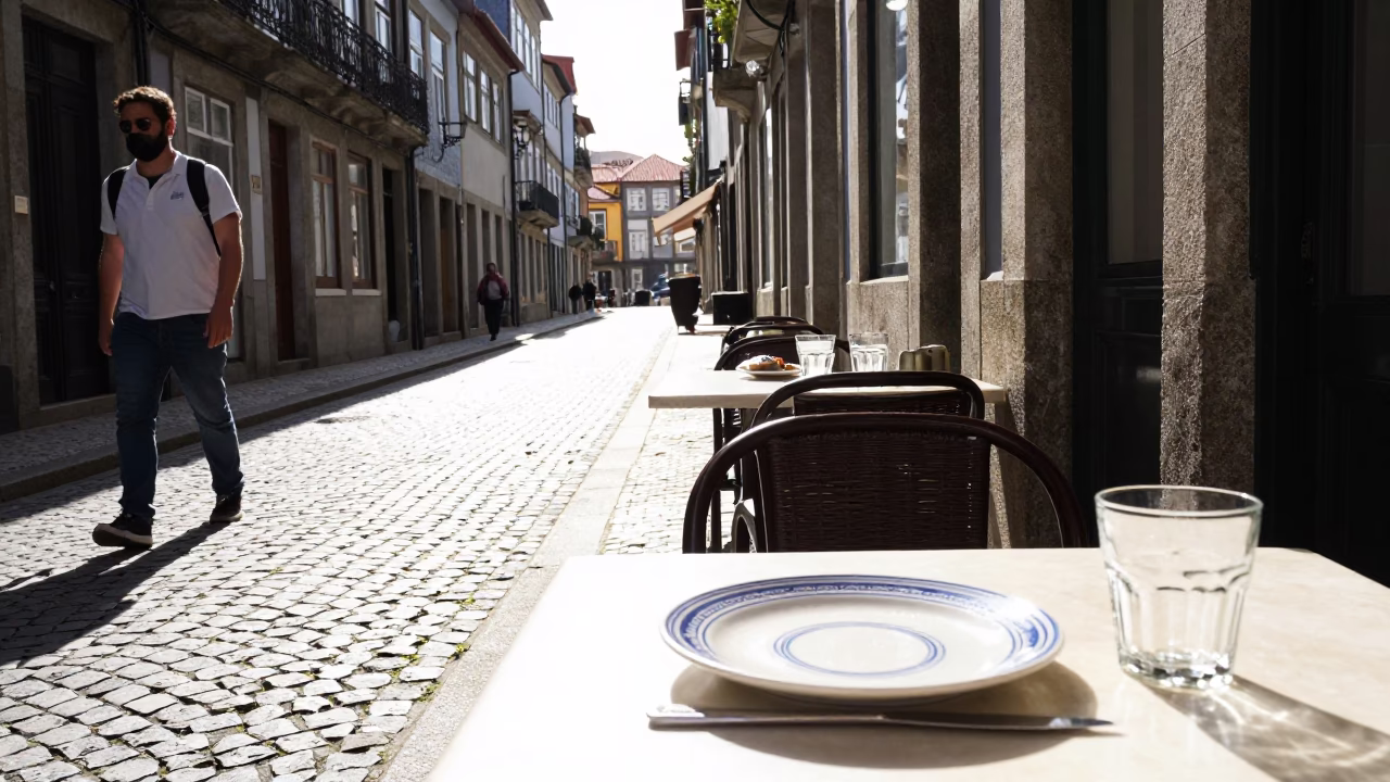 Bright Midmorning Street Scene in Porto Portugal with Ceramic Plate and Condensation in in Porto, Portugal