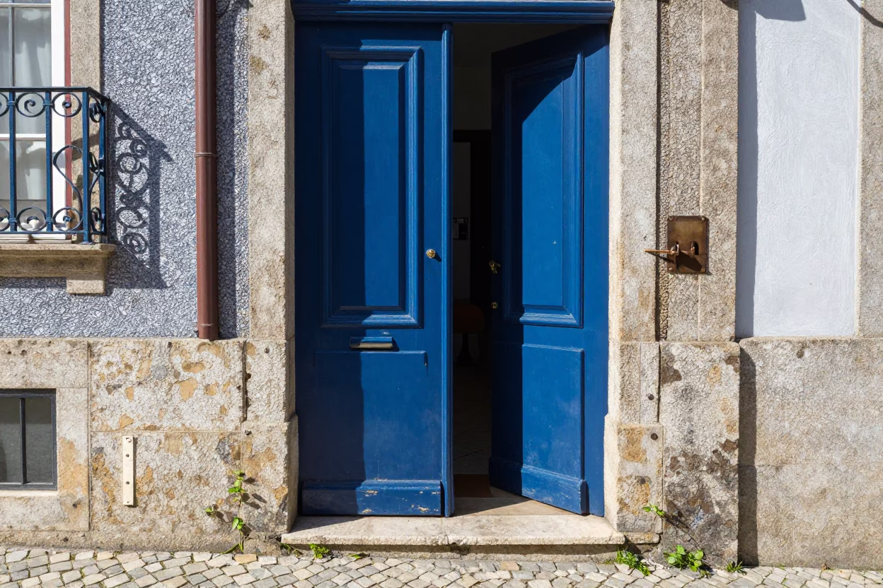 Bright Midmorning Street Scene in Porto Portugal with Iron Deadbolt and Wicker Shadow Details in in Porto, Portugal