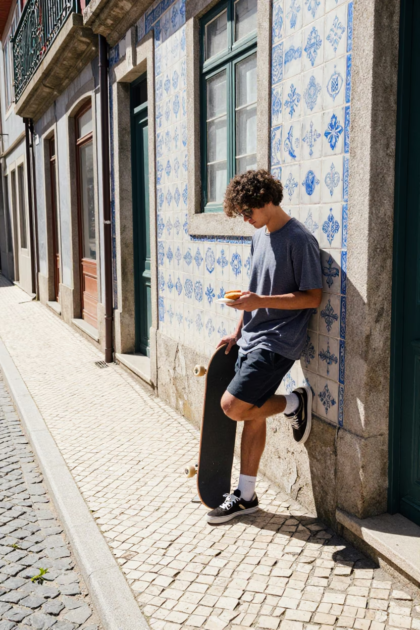 Bright Midmorning Street Scene in Porto Portugal with Skateboard and Pastry Brush in in Porto, Portugal