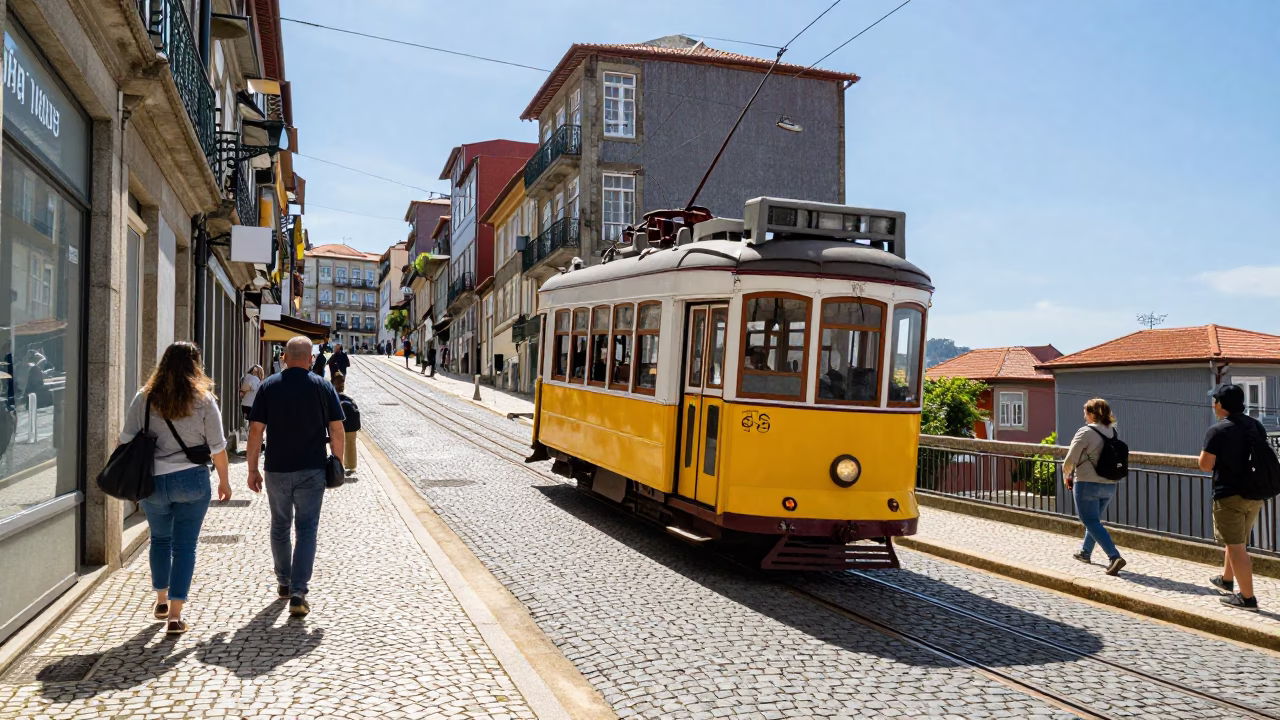 Bright Midmorning Street Scene in Porto Portugal with Tram and Local Architecture in in Porto, Portugal