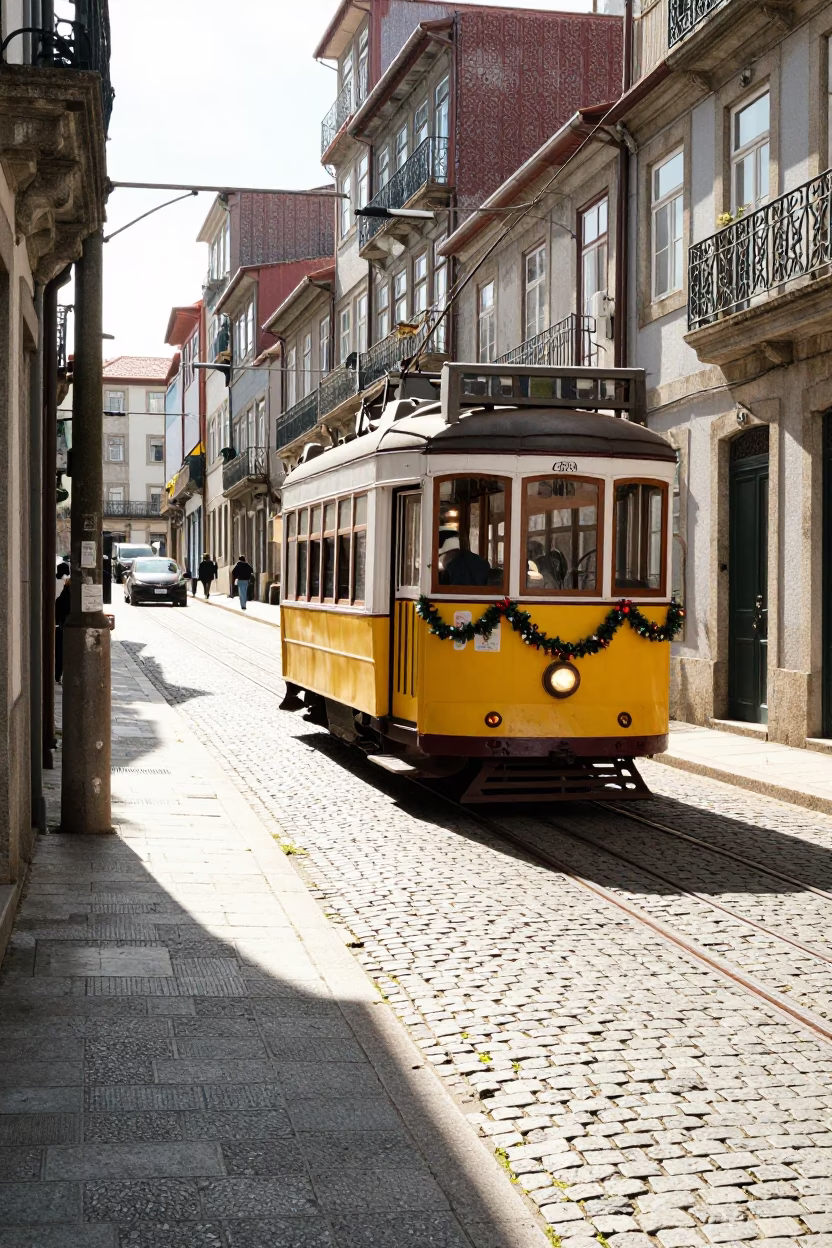 Bright Midmorning Street Scene in Porto Portugal with Tram and Tamarind Tree in in Porto, Portugal