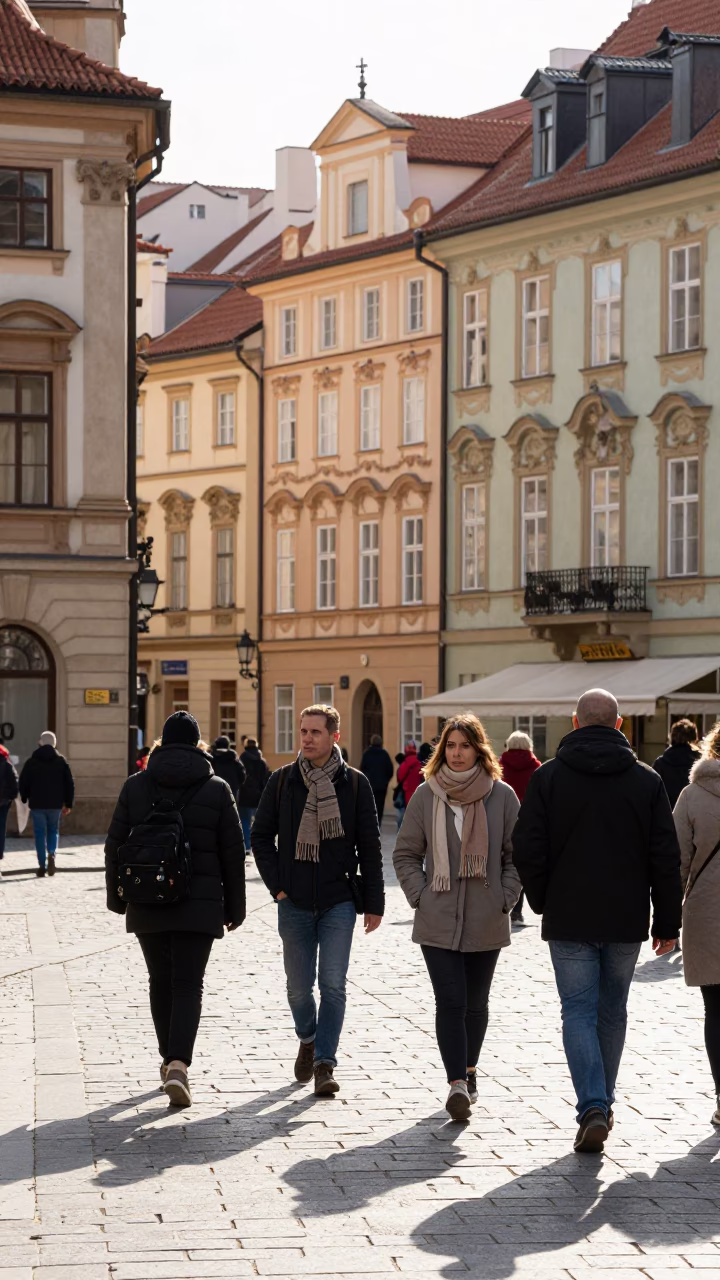 Bright midmorning street scene in Prague Czech Republic with pedestrians and traditional architecture in in Prague, Czech Republic