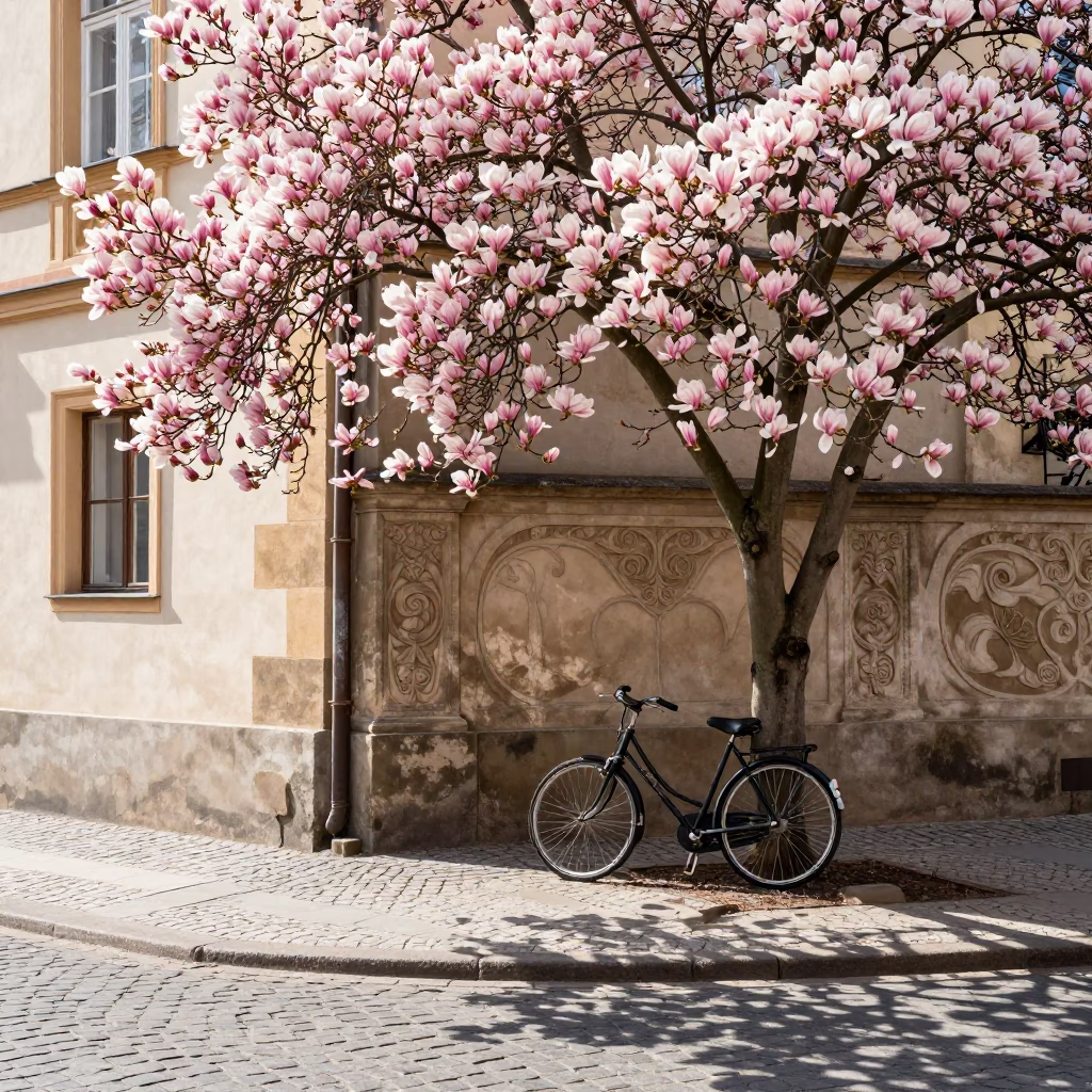 Bright Midmorning Street Scene in Prague with Magnolia Blooms and Vintage Bicycle in in Prague, Czech Republic