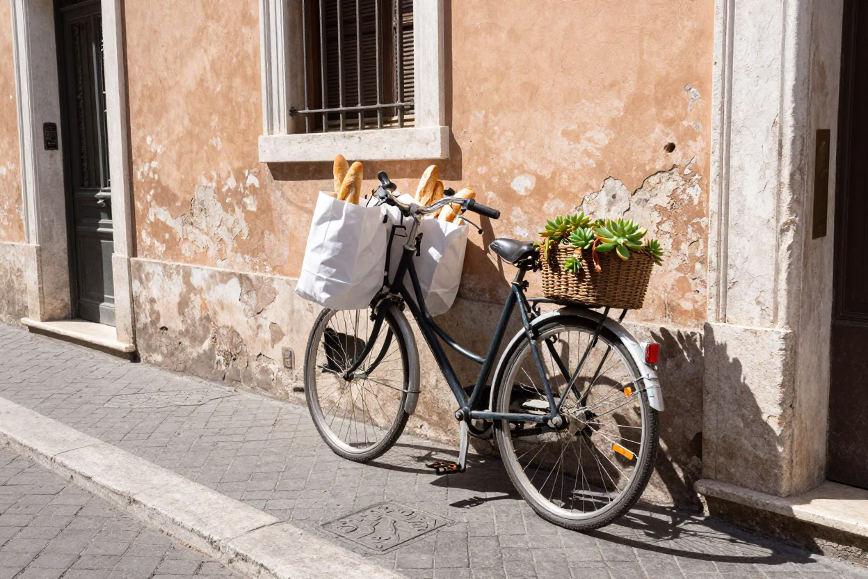 Bright Midmorning Street Scene in Rome Italy with Bicycle and Succulent Wall in in Rome, Italy