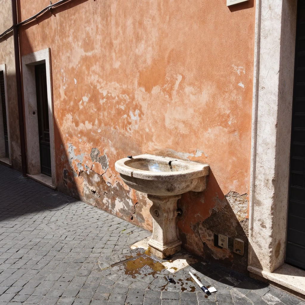 Bright Midmorning Street Scene in Rome Italy with Fountain Pen and Sink in in Rome, Italy