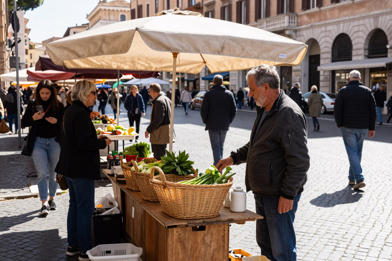 Bright Midmorning Street Scene in Rome Italy with Local Market Activity in in Rome, Italy