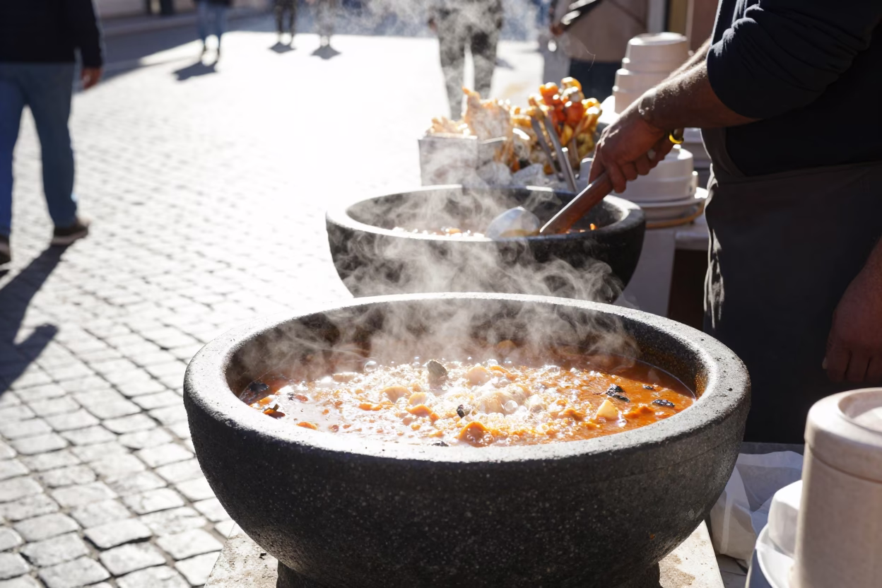 Bright Midmorning Street Scene in Rome Italy with Stone Bowl and Mallet in in Rome, Italy