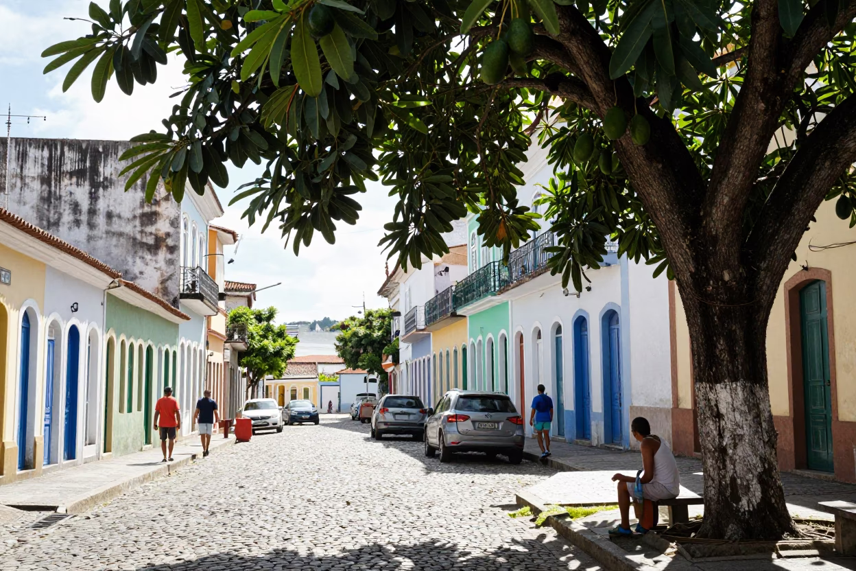 Bright Midmorning Street Scene in Salvador Brazil with Avocado Tree and Garden Gate in in Salvador, Brazil
