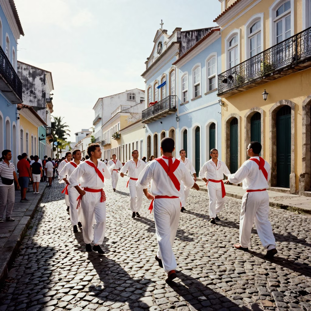 Bright Midmorning Street Scene in Salvador Brazil with Folk Dance and Cargo Ship Horizon in in Salvador, Brazil