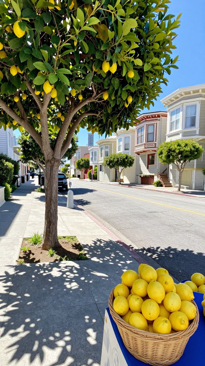 Bright Midmorning Street Scene in San Francisco with Tree and Lemons in in San Francisco, California, United States