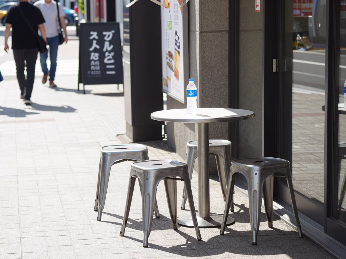 Bright Midmorning Street Scene in Sapporo Japan with Metal Stools and Bottle in in Sapporo, Japan