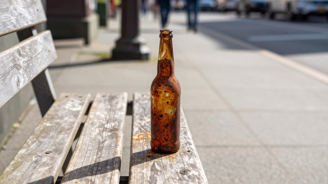 Bright Midmorning Street Scene in Seattle Washington with Rusty Bottle and Bench in in Seattle, Washington, United States