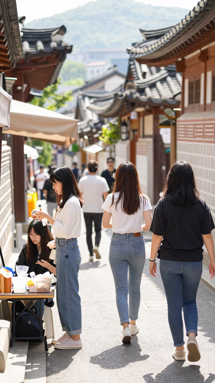 Bright Midmorning Street Scene in Seoul South Korea with Casual Local Interaction in in Seoul, South Korea