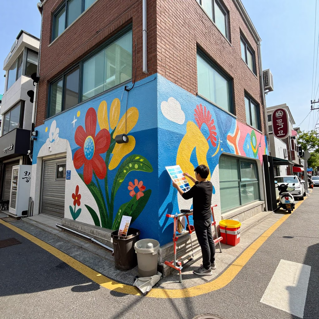 Bright Midmorning Street Scene in Seoul South Korea with Mural and Urban Details in in Seoul, South Korea