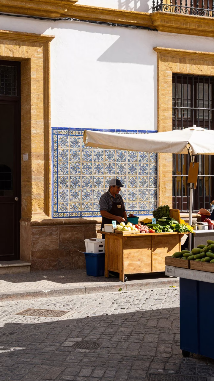Bright Midmorning Street Scene in Seville Spain with Local Market Details in in Seville, Spain