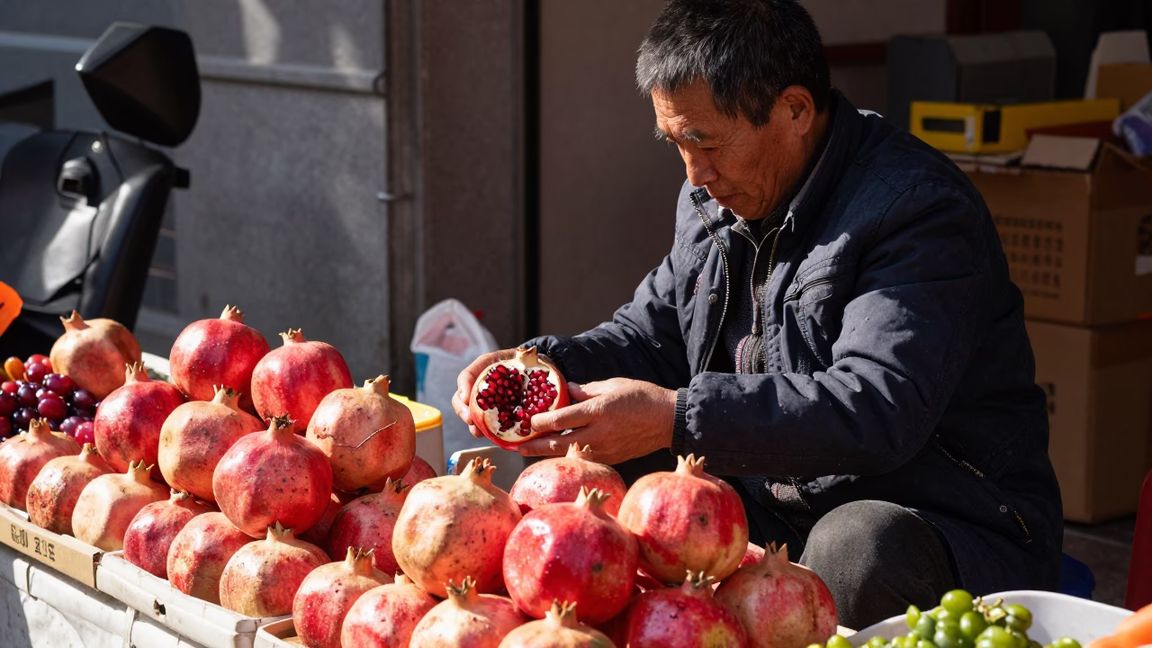 Bright Midmorning Street Scene in Shanghai China with Local Vendor and Pomegranate in in Shanghai, China
