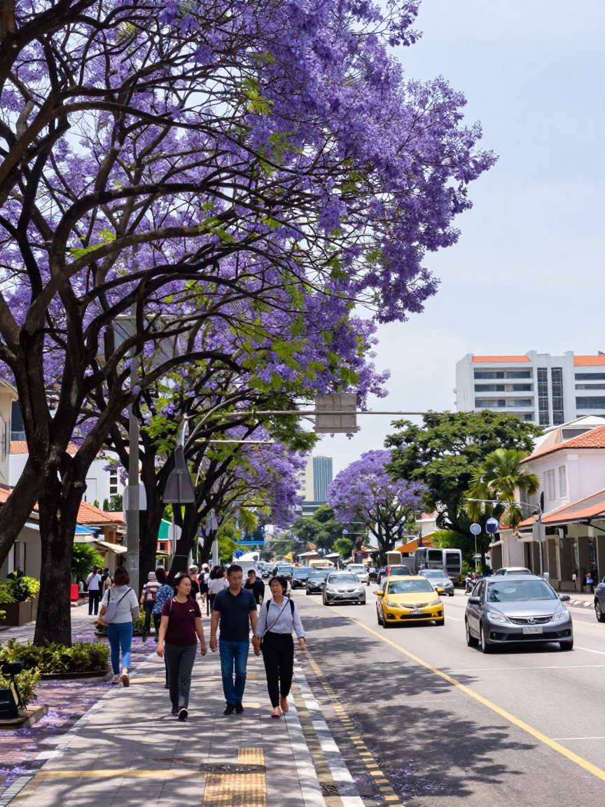 Bright Midmorning Street Scene in Singapore with Jacaranda Trees and Blue Water in in Singapore, Singapore