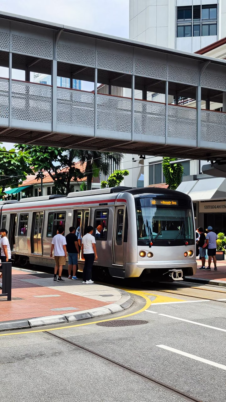 Bright Midmorning Street Scene in Singapore with Metro Train and Pedestrian Overpass in in Singapore, Singapore
