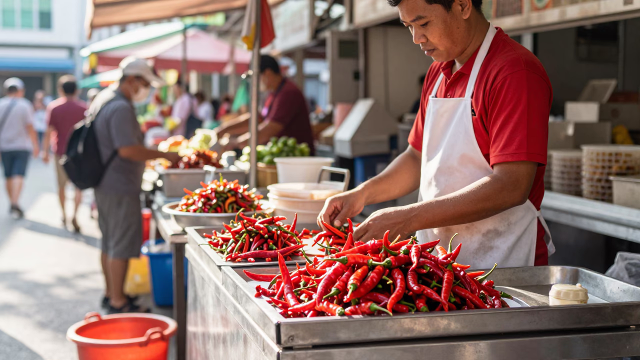 Bright Midmorning Street Scene in Singapore with Red Chili Peppers at Hawker Center Stall in in Singapore, Singapore