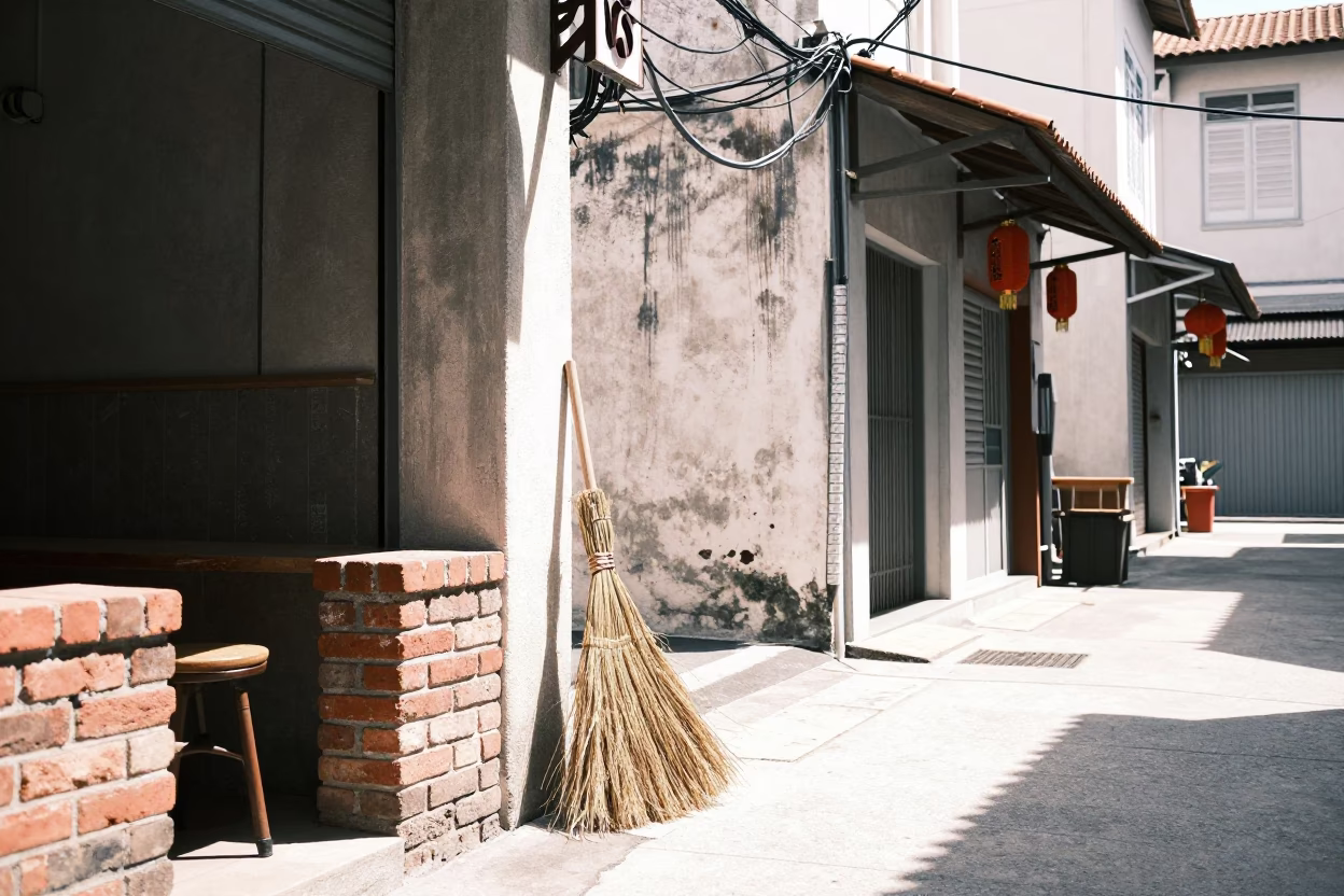 Bright Midmorning Street Scene in Singapore with Traditional Broom and Glass Tabletop in in Singapore, Singapore