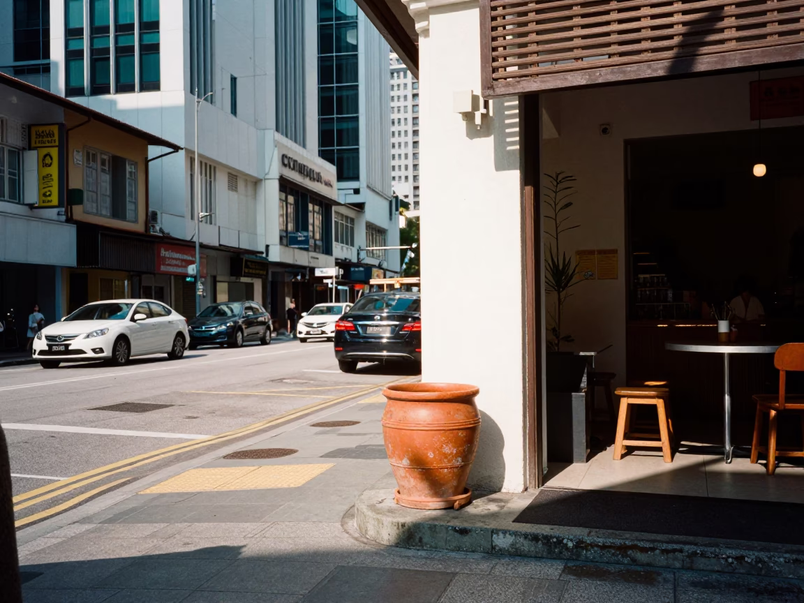 Bright Midmorning Street Scene in Singapore with Wicker Shadow and Terracotta Pot in in Singapore, Singapore